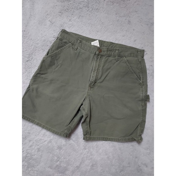 Carhartt Shorts Mens 36 Faded Canvas Olive Green Carpenter Work Hammer Loop - Picture 2 of 9